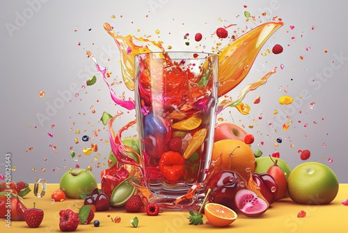 Glass of juice with fruits and berries on the table. Drink splash of sweet organic cocktail. Generated AI.