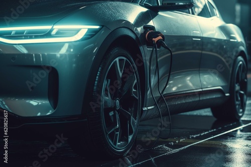 The battery of an electric vehicle is charged by a power supply connected to an EV charging station or plug-in hybrid car. Generative AI © Bobby