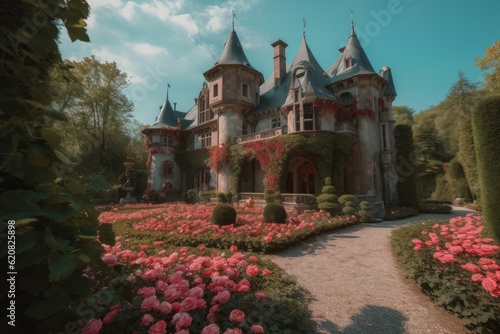 Fairytale castle view. Generate Ai