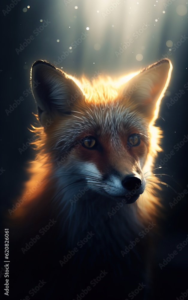 Close up of a Red fox against dark background