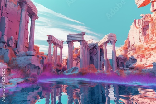 Greek ruins mermaids lake. Generate Ai