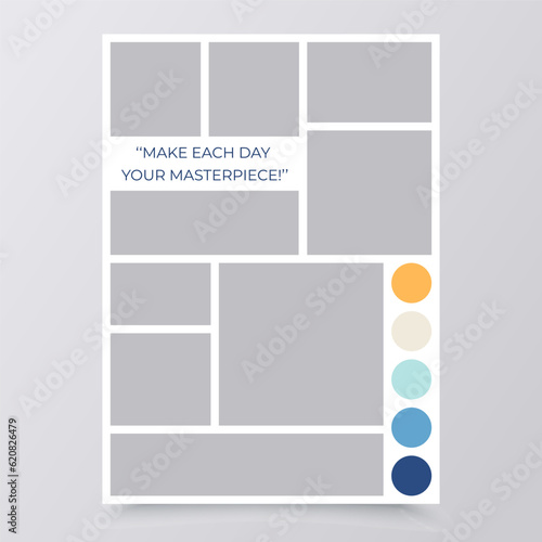 Photo collage template. Mood board layout. Mosaic pictures grid. Moodboard background. Scrapbook images. Photomontage frames. Vertical poster design with colour palette and quote. Vector illustration