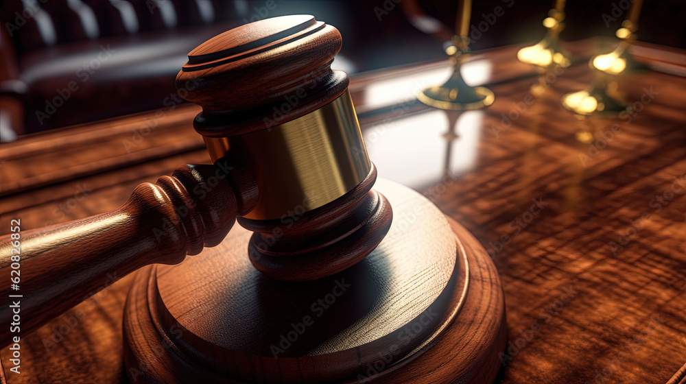 Judge hammer in the court room. Wooden gavel as a symbol of justice. Generated AI. Judge hammer in the court room. Wooden gavel as a symbol of justice. Generated AI.