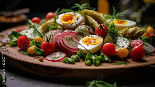 Salade Niçoise beautifully plated with a mix of textures, displaying sliced cucumbers, radishes, and a sprinkle of herbs