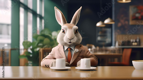A rabbit in a suit sits at a table with a cup of coffee generative ai