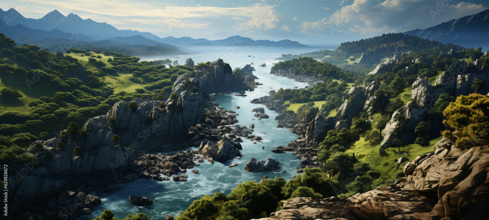 A tranquil portrait of a calm river winding through a lush green valley, the serene blue sky reflected on the water, Generative ai