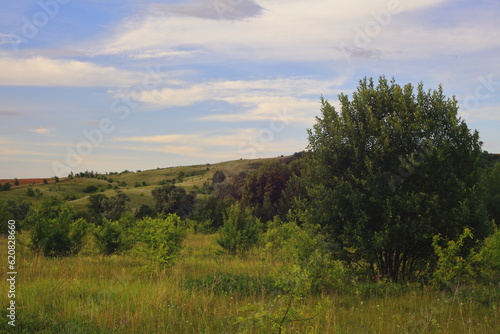 andscape. The largest lake. Blue sky with beautiful clouds. park in summer. Blue water in the river. 