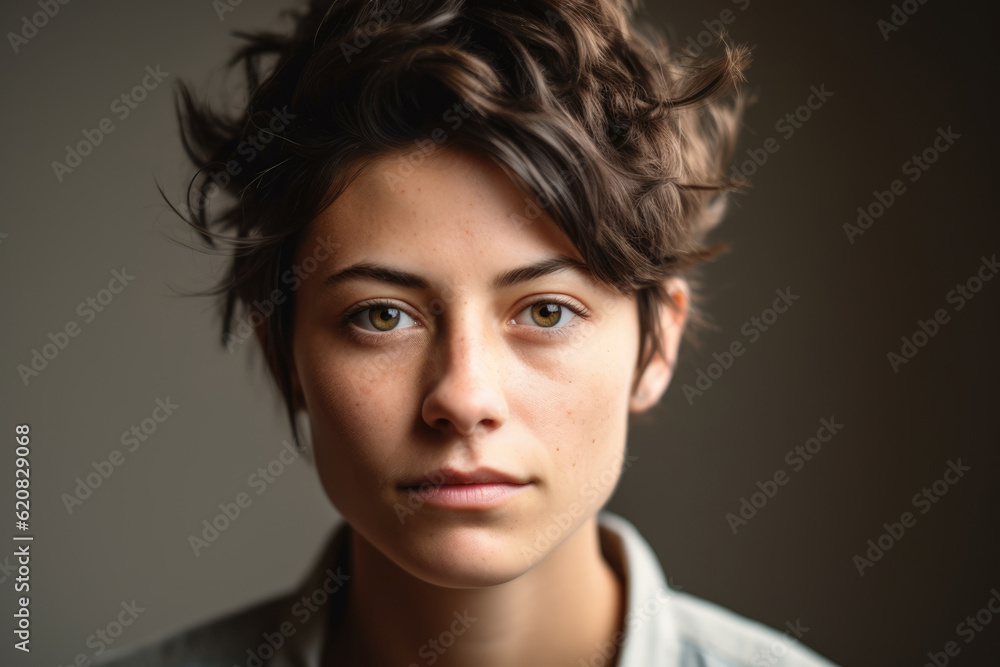 Generative AI image of portrait of serious young androgynous person looking at camera against dark background Generative AI image of portrait of serious young androgynous person looking at camera against dark background