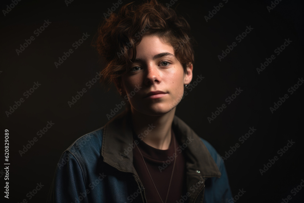 Generative AI image of portrait of confident young non binary person in earrings with curly hair looking at camera while standing against blurred dark interior Generative AI image of portrait of confident young non binary person in earrings with curly hair looking at camera while standing against blurred dark interior