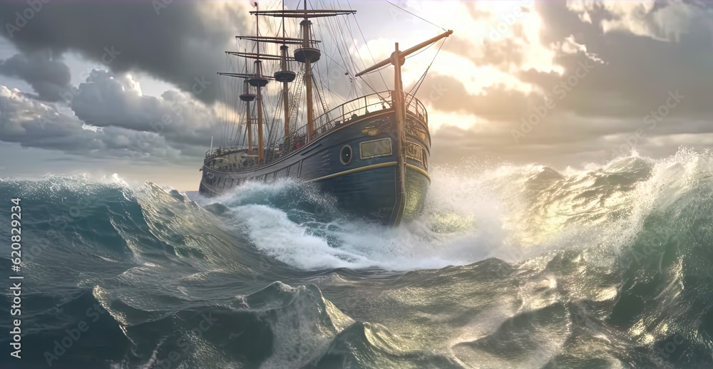 Naklejka premium Ship in the stormy sea with huge waves. Giant stormy waves in the ocean and boat. Generated AI.