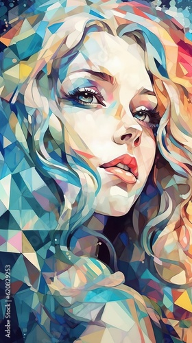 Beautiful anime girl with beautiful hair and wavy hair. In the style of cubism. Holographic. Digital art. Modern. Expressionism. Abstract fashion illustration. 