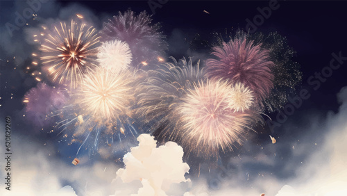 夜空に打ち上がる花火の水彩風イラスト　Generative AI