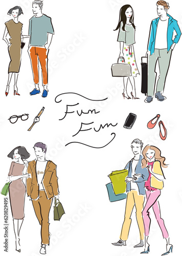 仲良く買い物をする男女のセット