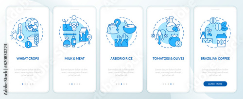 Blue icons representing heatflation impact mobile app screen set. 5 steps graphic instructions, UI, UX, GUI template.