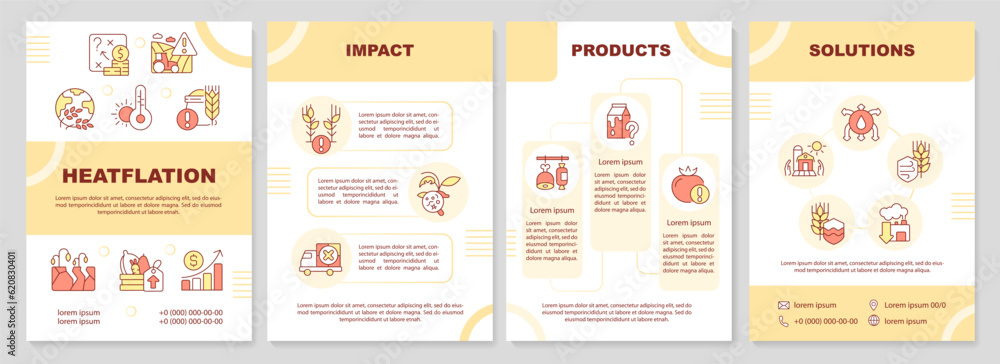 Heatflation yellow brochure template, leaflet design with linear icons. 4 vector layouts representing global warming.