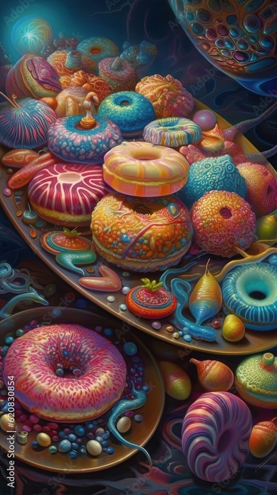 A stack of delicious donuts. Illustration of psychedelic donuts. Colorful whimsical hyperdetailed, hyperrealism, surrealism, vivid and  rich colors. Word of snacks. Generative AI
