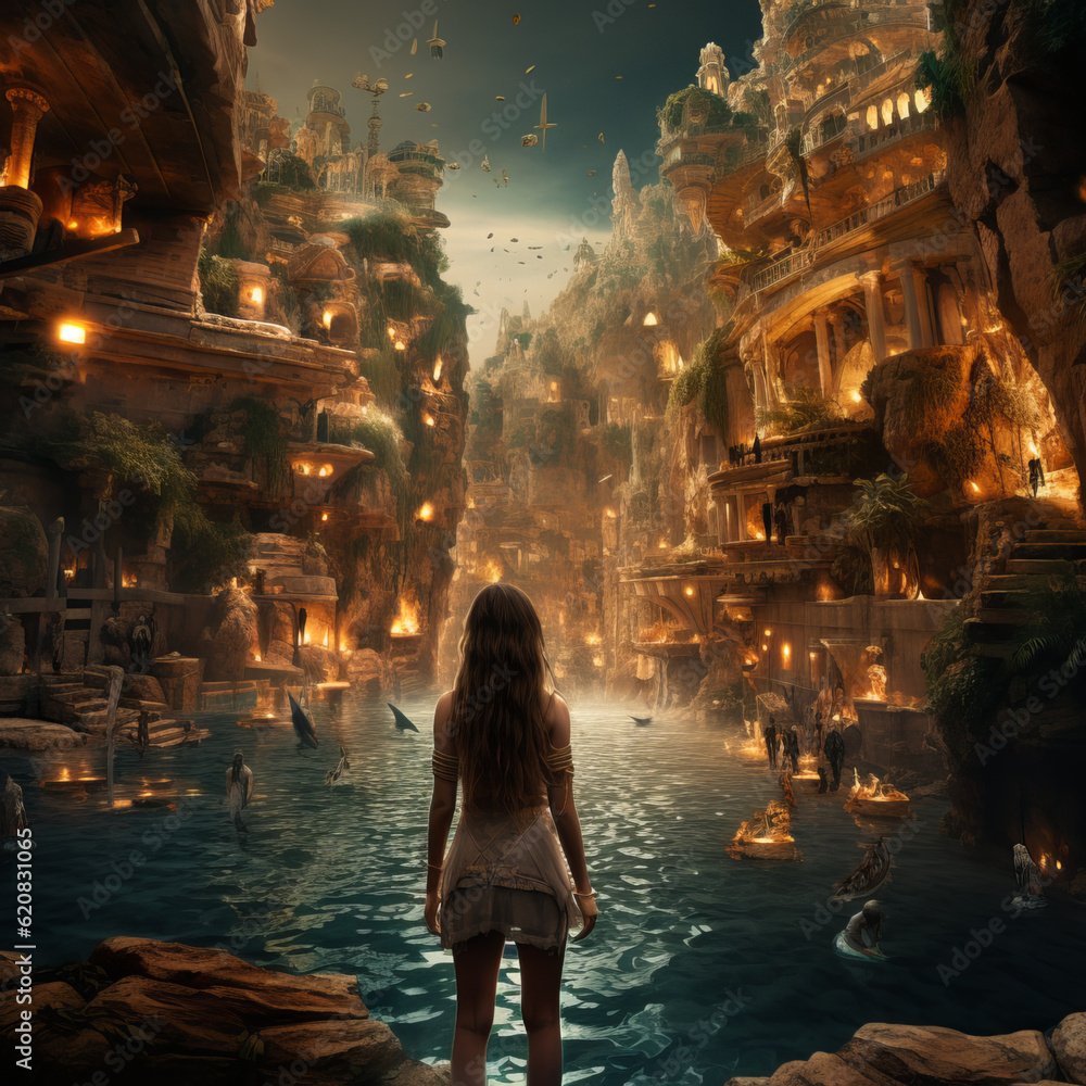Mystical Tales: Anime Style Journey of a Young Woman through Lost Atlantis, Rainy Landscapes, and Cherry Blossom Alleys Mystical Tales: Anime Style Journey of a Young Woman through Lost Atlantis, Rainy Landscapes, and Cherry Blossom Alleys
