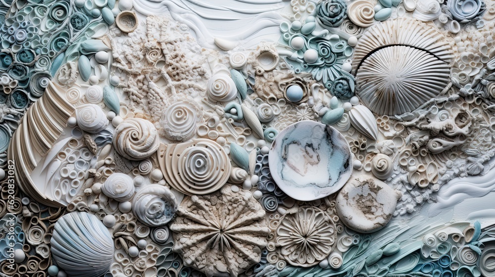 Composition of seashell textures with intricate spirals - obrazy, fototapety, plakaty 