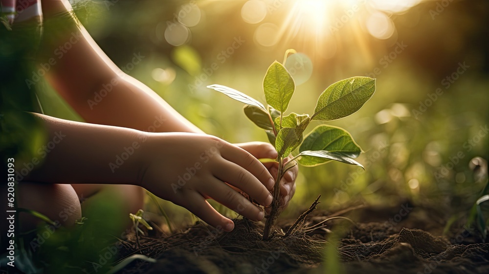 Fototapeta premium Two young hands and a little plant highlights the significance of Earth Day
