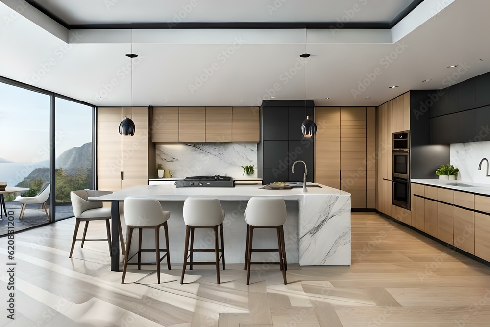 Front view of a modern designer kitchen with smooth handleless cabinets with black edges, black glass appliances, a marble island and marble countertops.