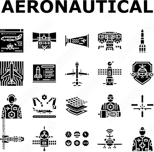 aeronautical engineer aircraft icons set vector. transportation aviation, plane mechanical, engine industry, mechanic turbine aeronautical engineer aircraft glyph pictogram Illustrations