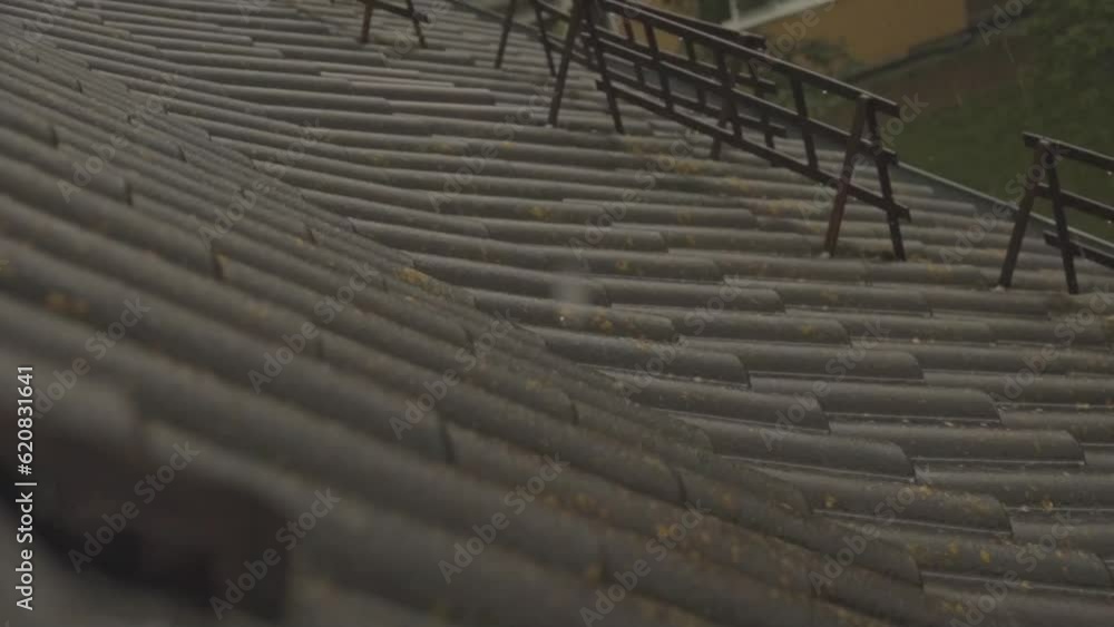 Heavy rain pouring on a building roof. Slow motion Heavy rain pouring on a building roof. Slow motion