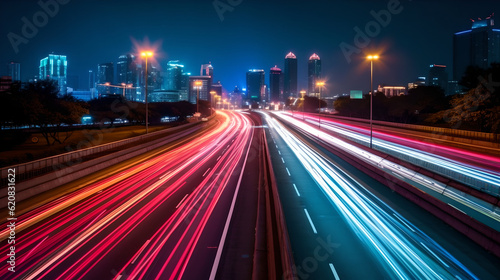 Blurred car light motion effect, city road background with long exposure night lights with dynamic flashlight red and blue colors on black. Car motion trails