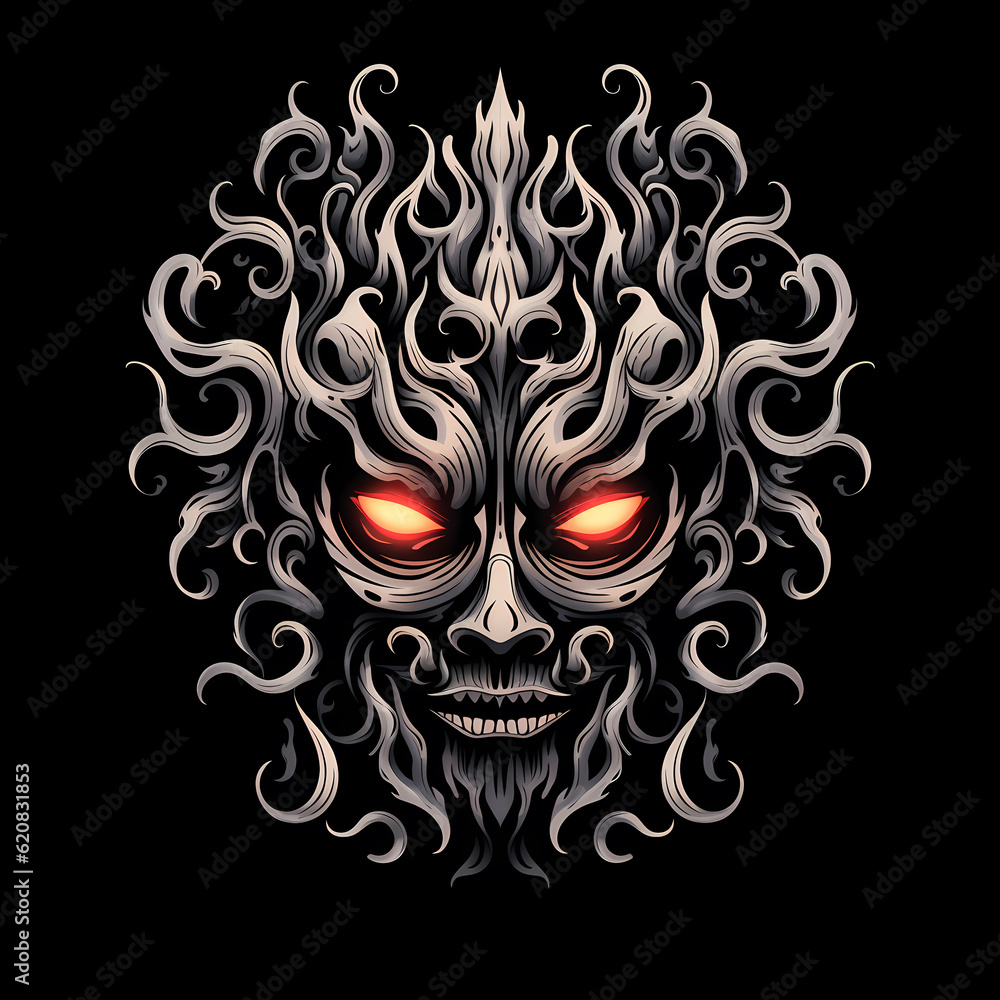 Hyottoko mask tattoo design dark art illustration isolated on black
