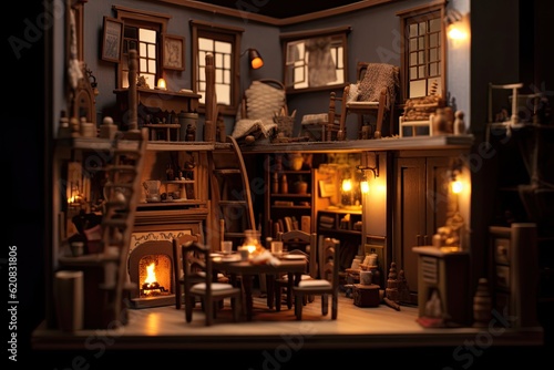 interior of a Miniature house in the night Generative Ai