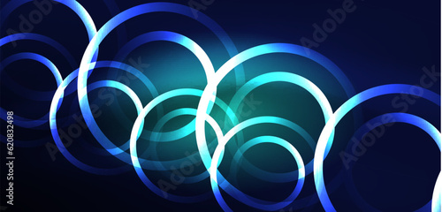 Neon laser lines, circles waves abstract background. Neon light or laser show, electric impulse, power lines, techno quantum energy impulse, magic glowing dynamic lines