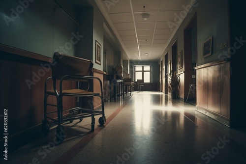 Hospital corridor with table & chair against brown wall. Generative AI