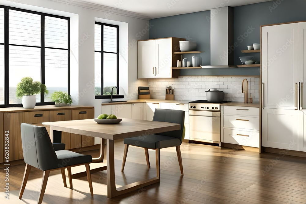 Modern kitchen interior. Modern kitchen interior with furniture, kitchen interior with white wall. 3D renderings.