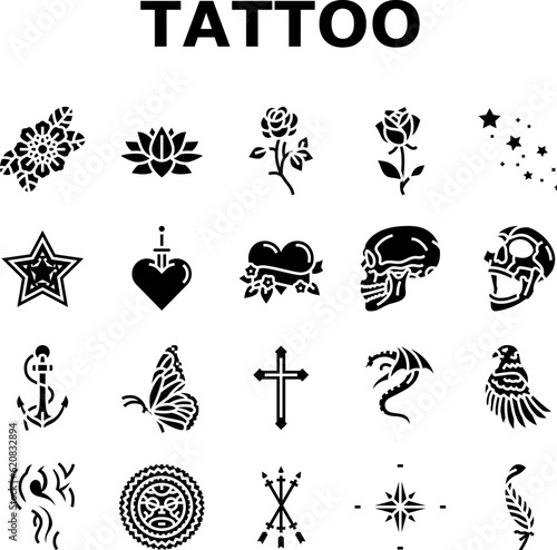 tattoo art rose vintage style icons set vector. flower retro, drawing ink, old traditional, american anchor, skull woman tattoo art rose vintage style glyph pictogram Illustrations