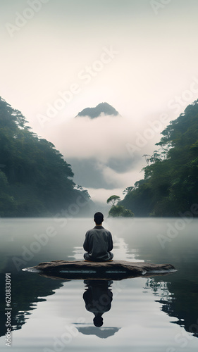 Meditating Person In Nature Background - Generated AI
