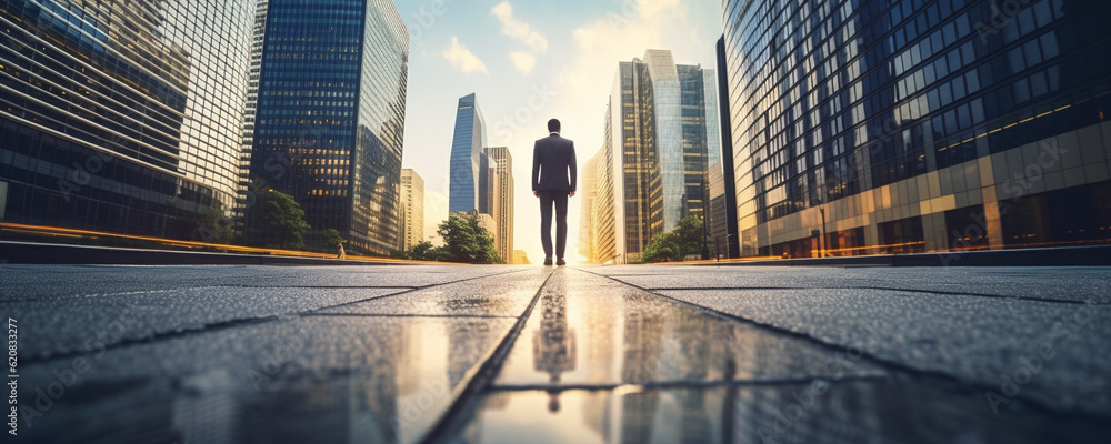 Low angle view on business man from back walking in urban financial district, AI generated image