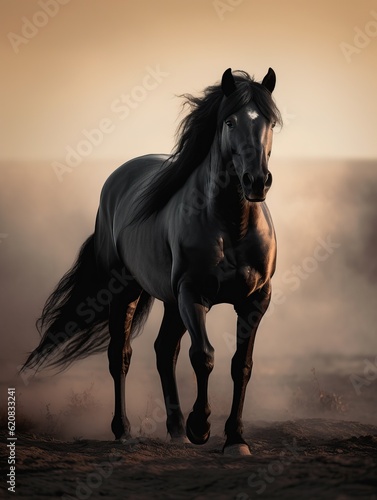 Illustration of the beautiful black horse. Cute  eternal. Awesome horse  epic look. Powerful animal   intimidating.