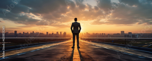 Low angle view on business man in front of sun set landscape, AI generated image