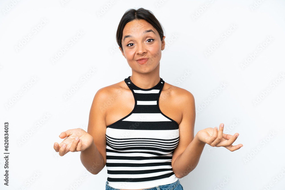 Young hispanic woman isolated on white background happy and smiling Young hispanic woman isolated on white background happy and smiling