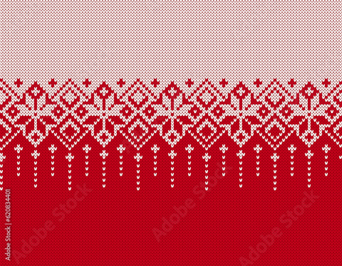 Red and white knitted geometrical pattern. Christmas seamless ornament. Fair isle traditional holiday background. Xmas print border. Festive sweater. Vector illustration.