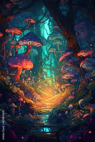 Painted magical dwarfs in a mystical unreal forest with neon light.  Magical wood with magical mushrooms. Entrance to the underground house. Secret doors. Fairy tale. Underground world 