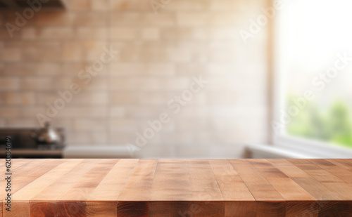 Beautiful empty brown wooden table top and blurred defocused modern kitchen interior background with daylight flare, product montage display,banner,generative ai