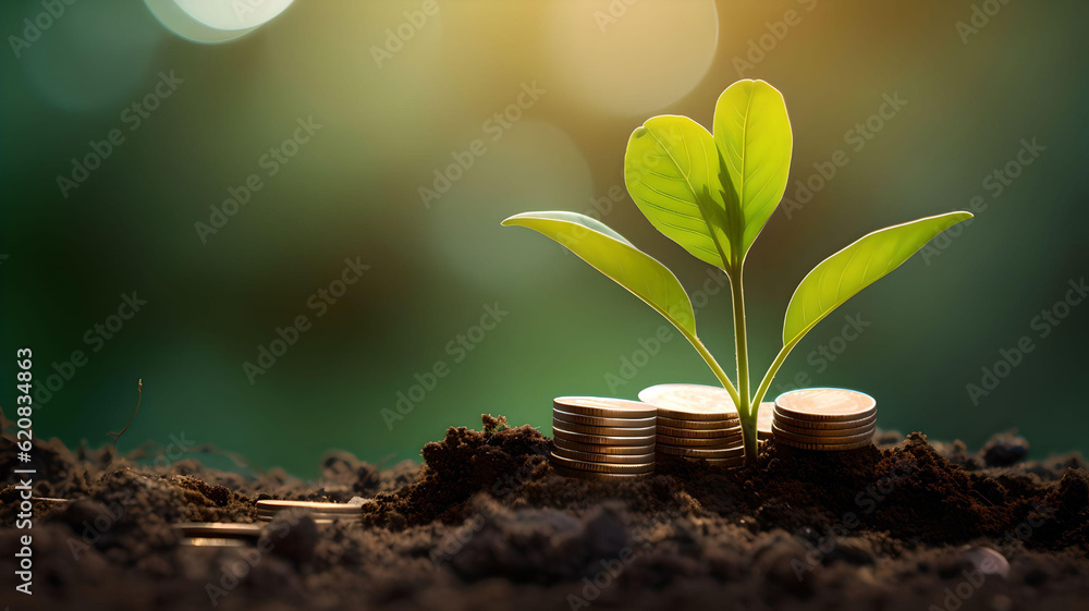 Small sprout of money tree in soil with coins, Generative AI Small sprout of money tree in soil with coins, Generative AI