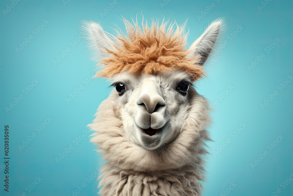 Happy, cute smiling lama on the pastel blue background Stock Photo ...