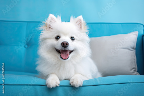 Happy, cute smiling dog sitting on the couch, on the pastel blue background photo