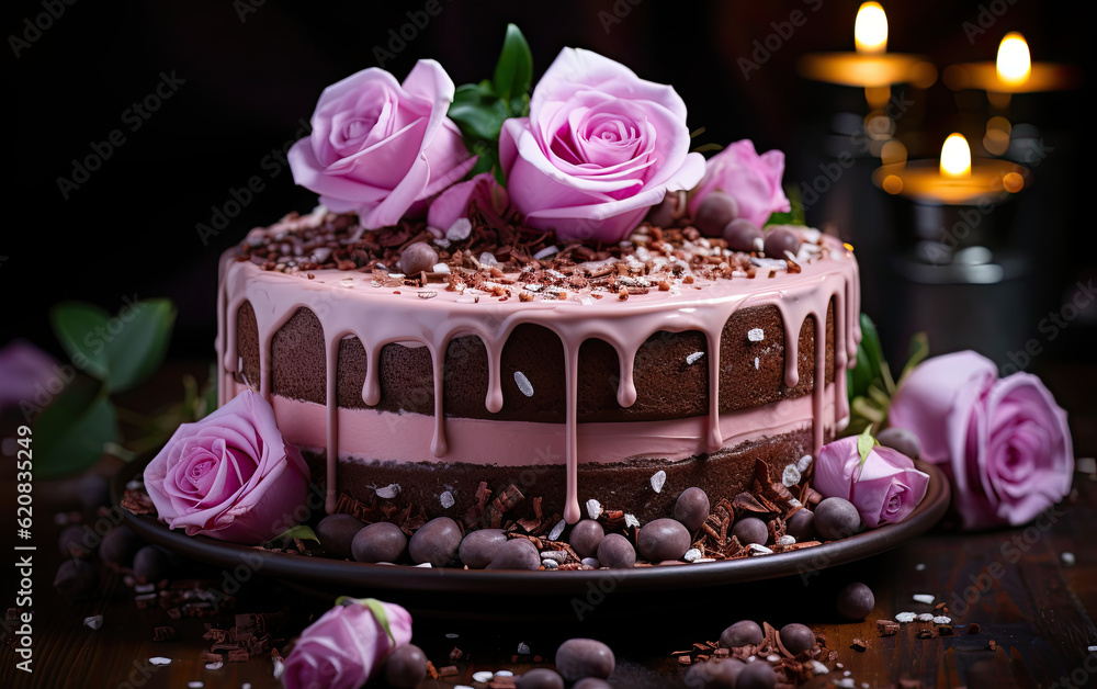 Rose cake with pink frosting and roses, with shaved chocolate and glitter, culinary art photography Rose cake with pink frosting and roses, with shaved chocolate and glitter, culinary art photography