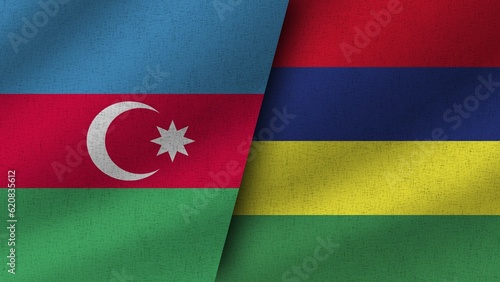 Mauritius and Austria Realistic Two Flags Together, 3D Illustration