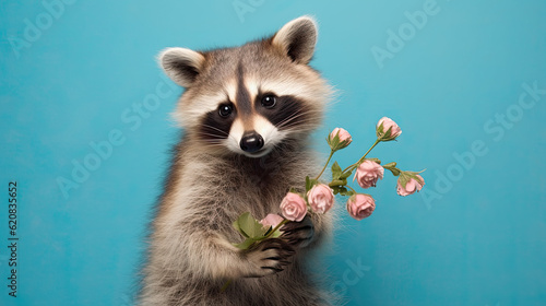 Raccoon holding flowers, cute animal on the pastel blue background © reddish