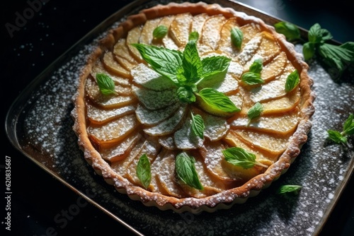 Tarte aux Pommes garnished with powdered sugar and fresh mint leaves on a cooling rack