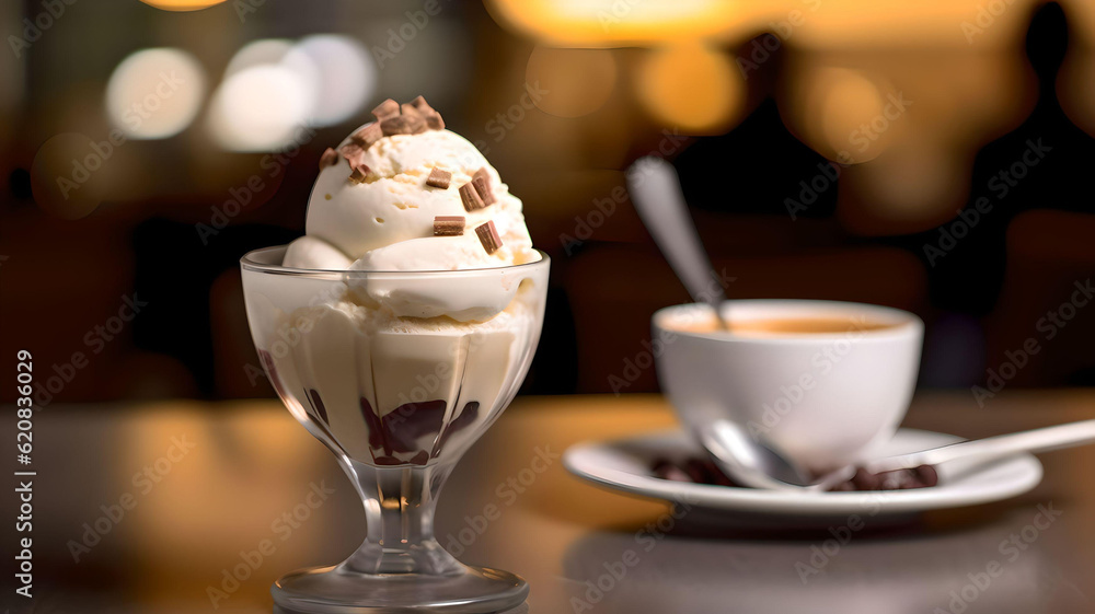 Closeup shot of ice cream dessert with fruits and whipped cream, Generative AI Closeup shot of ice cream dessert with fruits and whipped cream, Generative AI