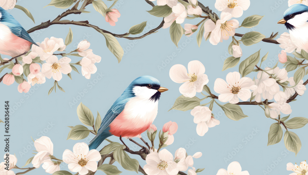 Seamless pattern of beautiful birds and vintage flowers floral leaves illustration background. Generative AI